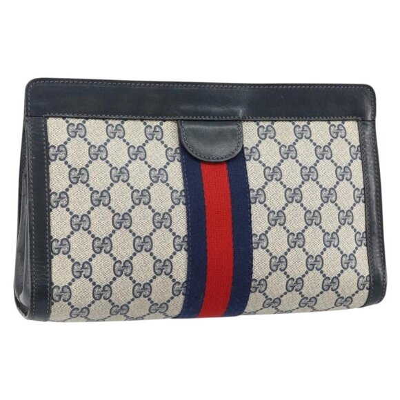 Gucci Handbags - GUCCI GG Supreme Sherry Line Clutch Bag PVC Navy Red Auth 144387